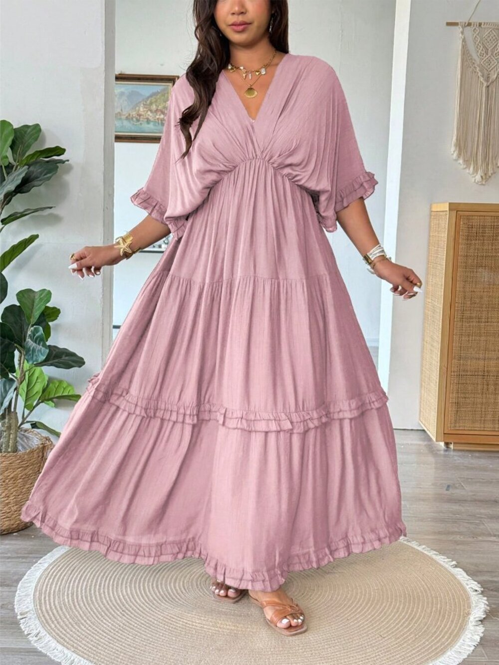 Pink Casual Women's Plus Size Boho Ruffle Trim maxi Dress - Picture 3 of 7